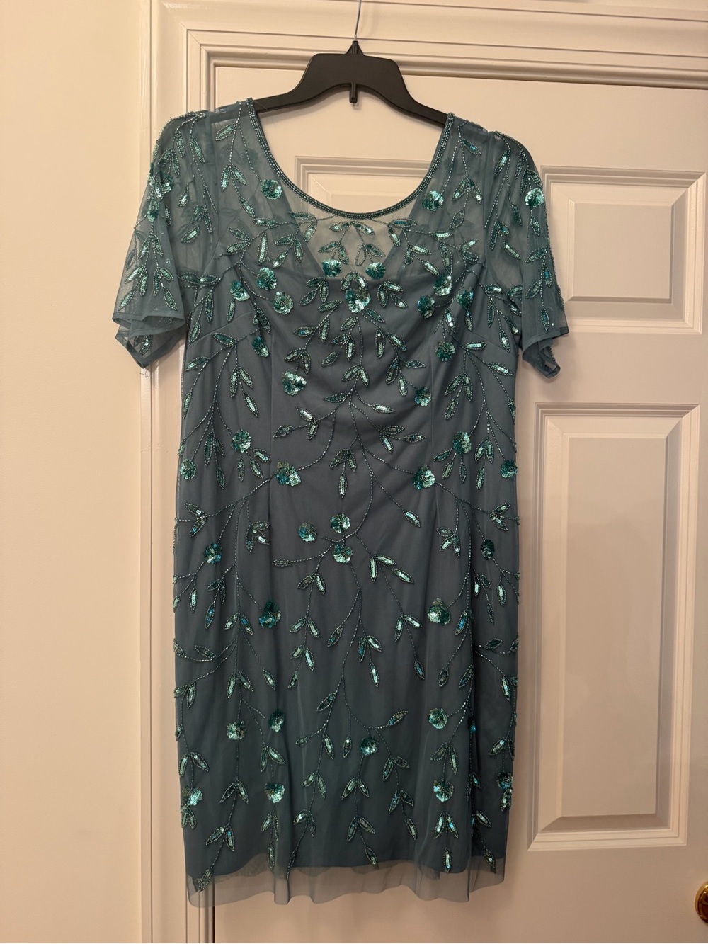 Adrianna Papell Teal Lace and Sequin Overlay Dress